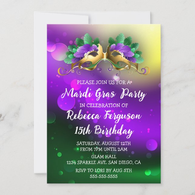 Invitación Fiesta de Máscaras de Mardi Gras (Anverso)