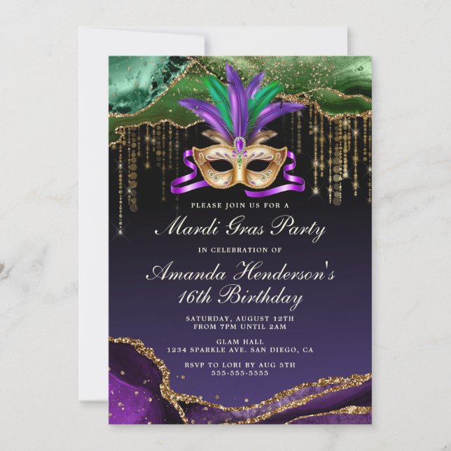Invitación Fiesta de Máscaras de Mardi Gras (Anverso)