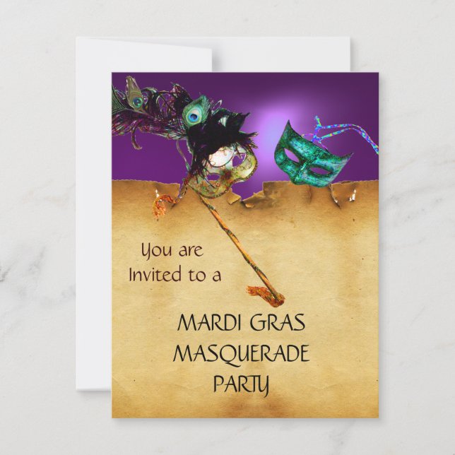 Invitación FIESTA DE MÁSCARAS DE MARDI GRAS, Amarillo púrpura (Anverso)