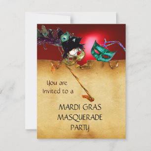 Invitación FIESTA DE MÁSCARAS DE MARDI GRAS, Amarillo rojo