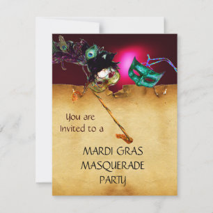 Invitación FIESTA DE MÁSCARAS DE MARDI GRAS, rojo burdeos