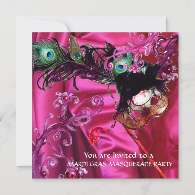 INVITACIÓN FIESTA DE MÁSCARAS DE MARDI GRAS, TELAR SILK FUCIA (Anverso)