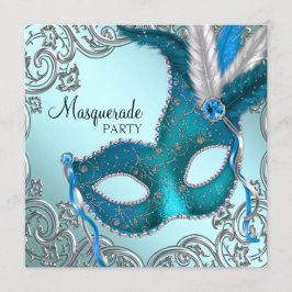 Invitación Fiesta de Máscaras de Máscara Azul Turquesa y Plat
