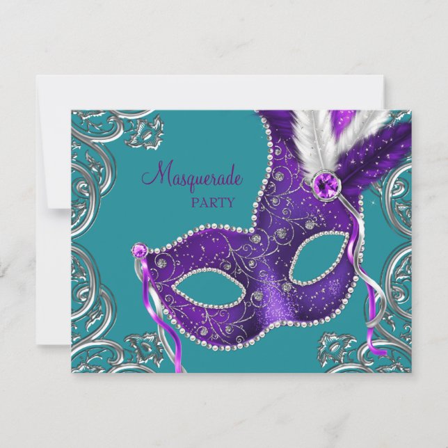 Invitación Fiesta de Máscaras de Morado y Azul Turquesa Elega (Anverso)