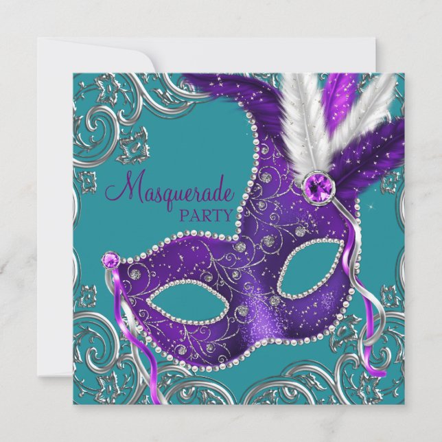 Invitación Fiesta de Máscaras de Morado y Azul Turquesa Elega (Anverso)