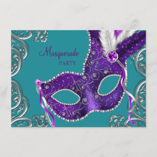 Invitación Fiesta de Máscaras de Morado y Azul Turquesa Elega