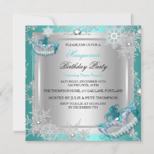 Invitación Fiesta de máscaras de nieve de plata azul Verde az