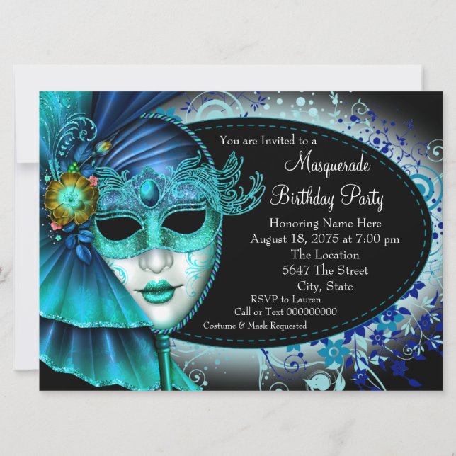 Invitación Fiesta de Máscaras de Noche Azul Cian (Anverso)