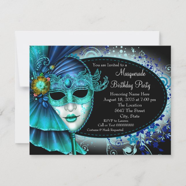 Invitación Fiesta de Máscaras de Noche Azul Turquesa (Anverso)