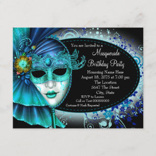 Invitación Fiesta de Máscaras de Noche Azul Turquesa