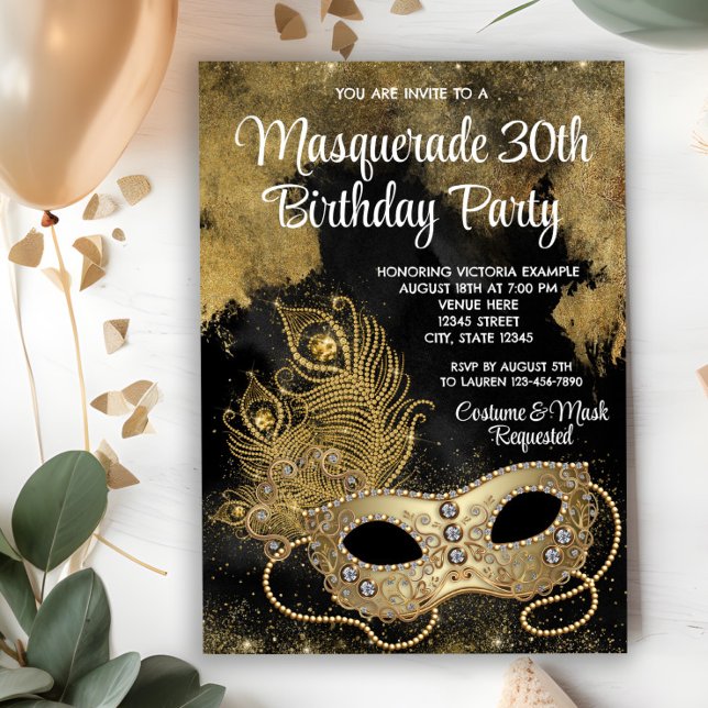 Invitación Fiesta de Máscaras de Oro Negro (You can change all text as needed for your event on this beautiful any occasion invitation.)