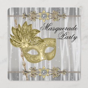 Invitación Fiesta de Máscaras de Oro Negro Blanco