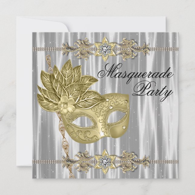 Invitación Fiesta de Máscaras de Oro Negro Blanco (Anverso)