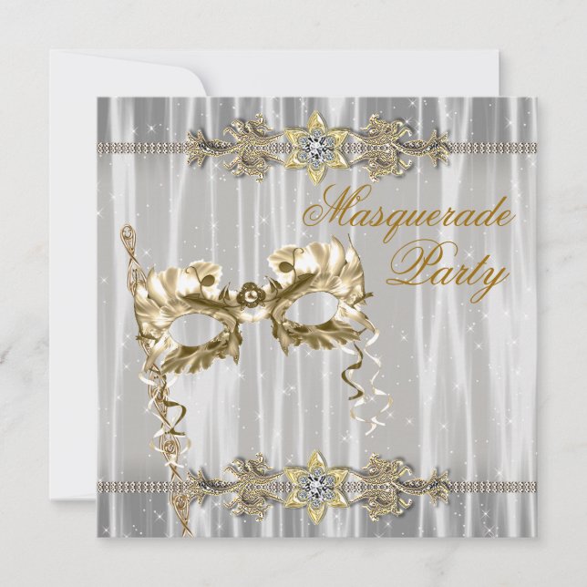 Invitación Fiesta de Máscaras de Oro Negro Blanco (Anverso)