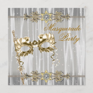 Invitación Fiesta de Máscaras de Oro Negro Blanco