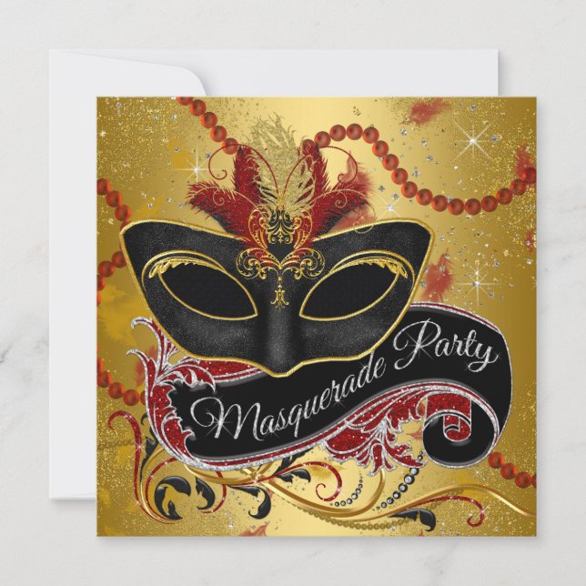 Invitación Fiesta de Máscaras de Oro Negro Elegante (Anverso)