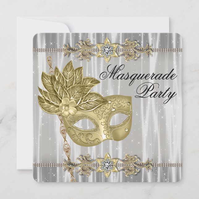 Invitación Fiesta de Máscaras de Oro Negro y Blanco (Anverso)