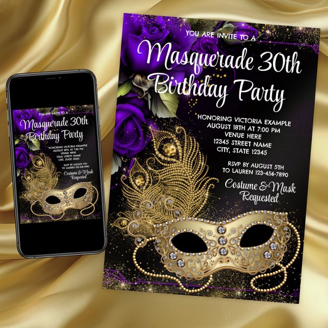 Invitación Fiesta de Máscaras de Oro Púrpura (Purple and gold masquerade party and event invitation. Any number birthday. Download and printed.)