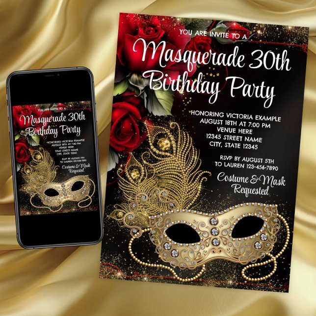 Invitación Fiesta de Máscaras de Oro Rojo (Red Gold Masquerade Party Invitation. Masquerade any number invitation and event. Digital and print.)
