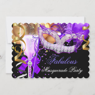 Invitación Fiesta de Máscaras de Oro y Púrpura Negra Fabulosa
