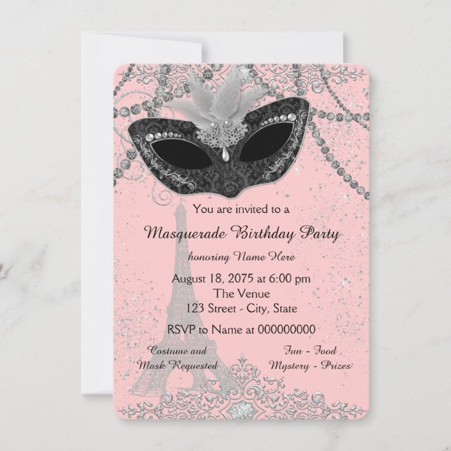 Invitación Fiesta de Máscaras de París de Rosa y Negro (Anverso)