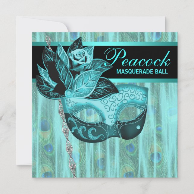 Invitación Fiesta de Máscaras de Pavo Real Azul Turquesa (Anverso)