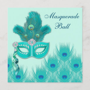 Invitación Fiesta de Máscaras de Pavo Real Azul Verde Aqua