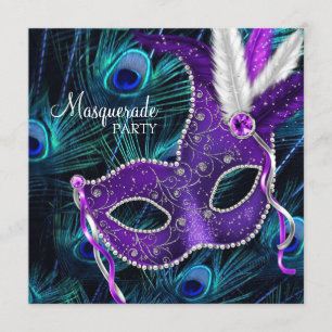 Invitación Fiesta de Máscaras de Pavo Real Azul Verde y Morad