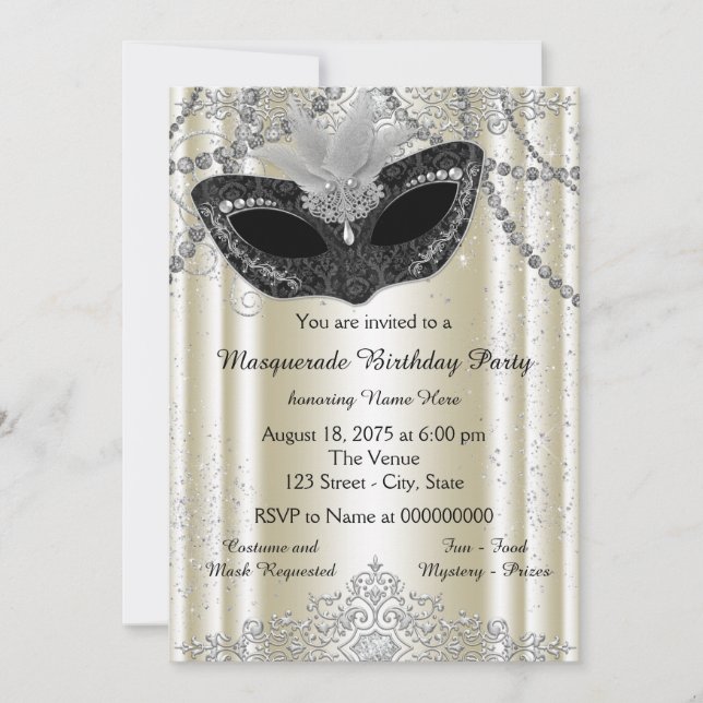 Invitación Fiesta de Máscaras de Perla y Marfil Negro (Anverso)