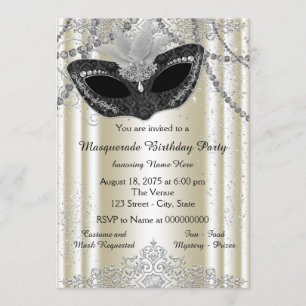 Invitación Fiesta de Máscaras de Perla y Marfil Negro