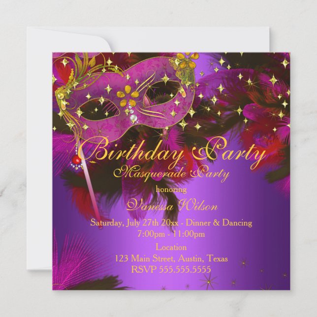Invitación Fiesta de máscaras de piel de oro rosado morado (Anverso)