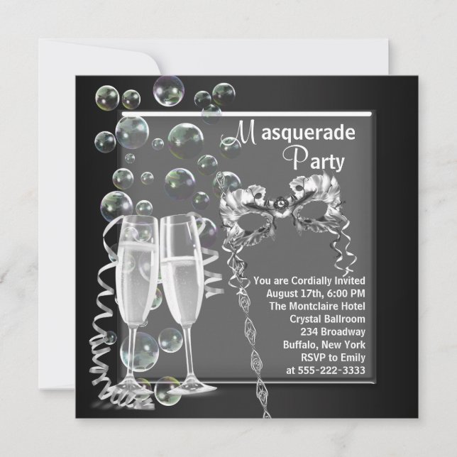 Invitación Fiesta de Máscaras de Plata Champagne Negra (Anverso)