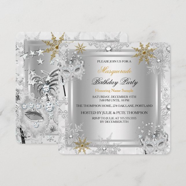 Invitación Fiesta de máscaras de plata de oro de mascarada de (Anverso / Reverso)