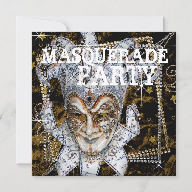 Invitación Fiesta de máscaras de plata negra y oro (Anverso)