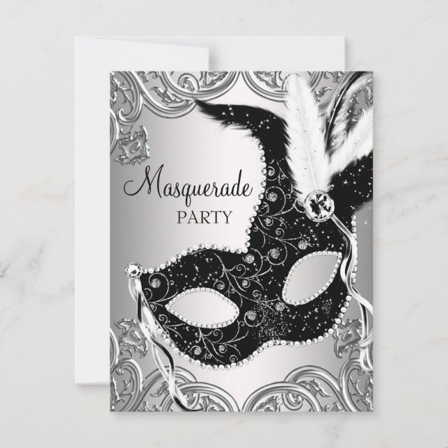 Invitación Fiesta de máscaras de plata y negro (Anverso)