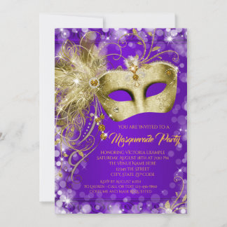Invitación Fiesta de Máscaras de Purpura Dorado Glitter