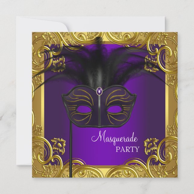 Invitación Fiesta de Máscaras de Purpura y Oro (Anverso)