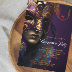 Invitación Fiesta de Máscaras de Purpura y Oro con Máscara Vi