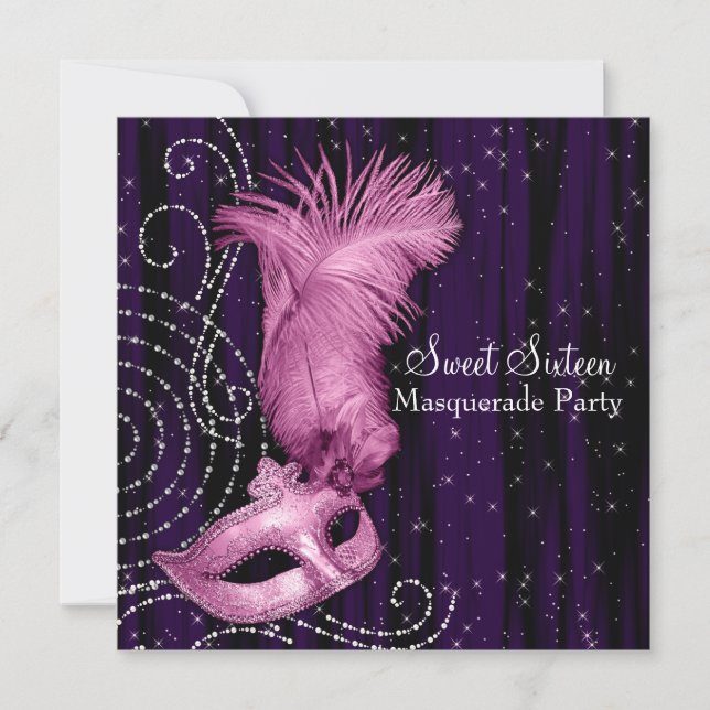 Invitación Fiesta de Máscaras Dulces 16 Negra Morada Rosa (Anverso)