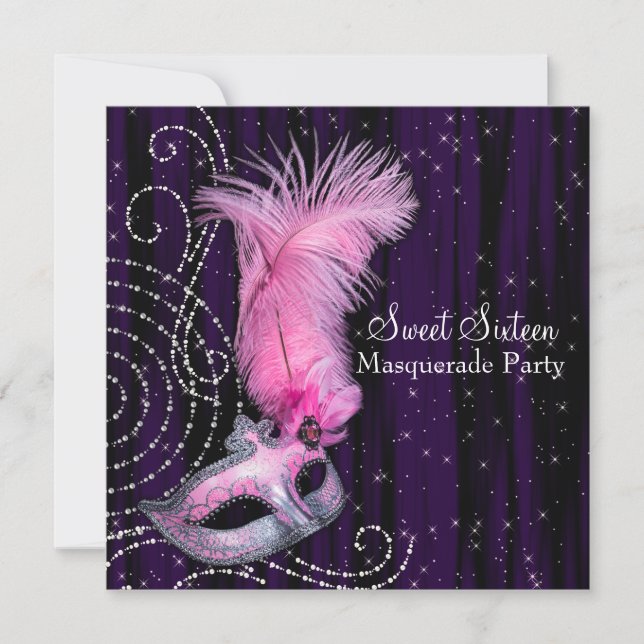 Invitación Fiesta de Máscaras Dulces 16 Negra Morada Rosa (Anverso)