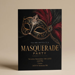 Invitación Fiesta de Máscaras Elegante de Negro y Oro
