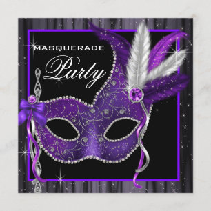 Invitación Fiesta de Máscaras Elegante de Negro y Púrpura
