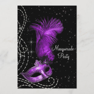Invitación Fiesta de Máscaras Elegante de Negro y Púrpura