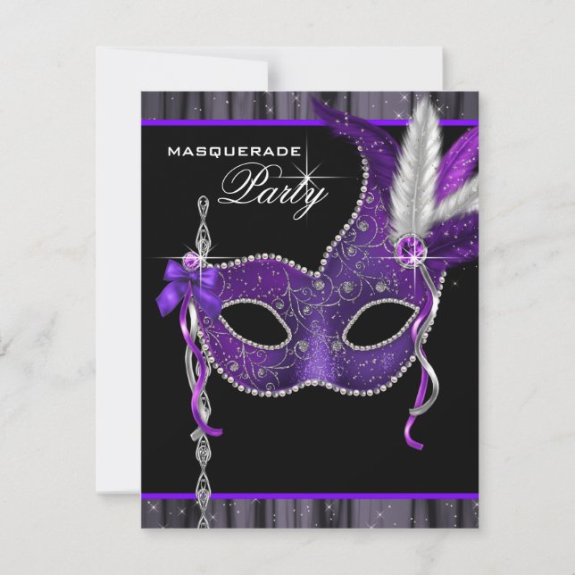 Invitación Fiesta de Máscaras Elegante de Negro y Púrpura (Anverso)