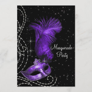 Invitación Fiesta de Máscaras Elegante de Negro y Púrpura