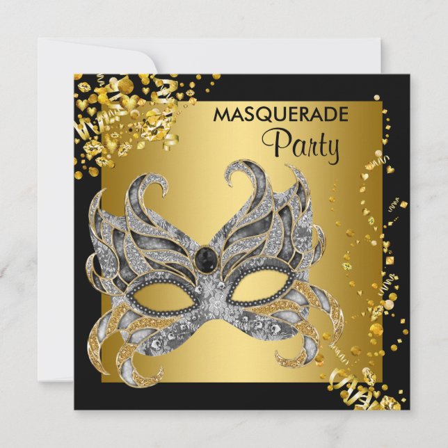 Invitación Fiesta de Máscaras Elegante de Plata y Oro (Anverso)