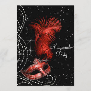 Invitación Fiesta de Máscaras Elegante en Negro y Rojo