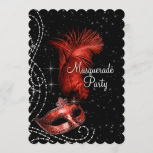 Invitación Fiesta de Máscaras Elegante en Negro y Rojo