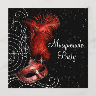 Invitación Fiesta de Máscaras Elegante en Negro y Rojo