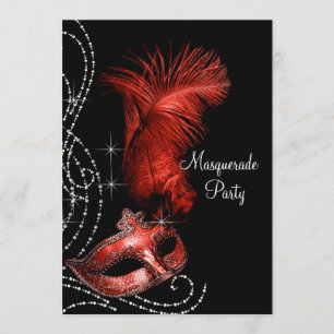 Invitación Fiesta de Máscaras Elegante en Negro y Rojo